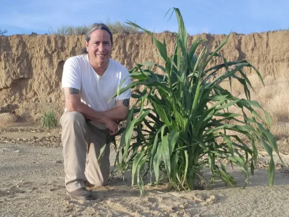 Man in casual clothes kneeling next to a plant in the desert