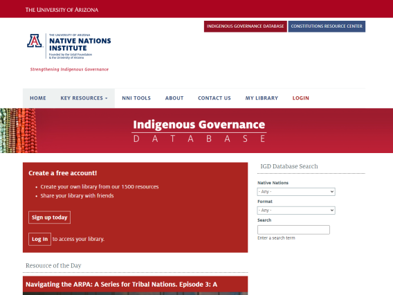 Website screenshot of Indigenous Governance Database