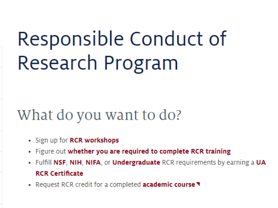 Website screenshot for Responsible Conduct of Research Program
