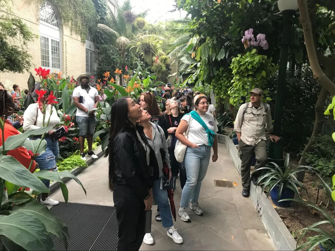 Students looking at plants while listening to an out of frame presenter.