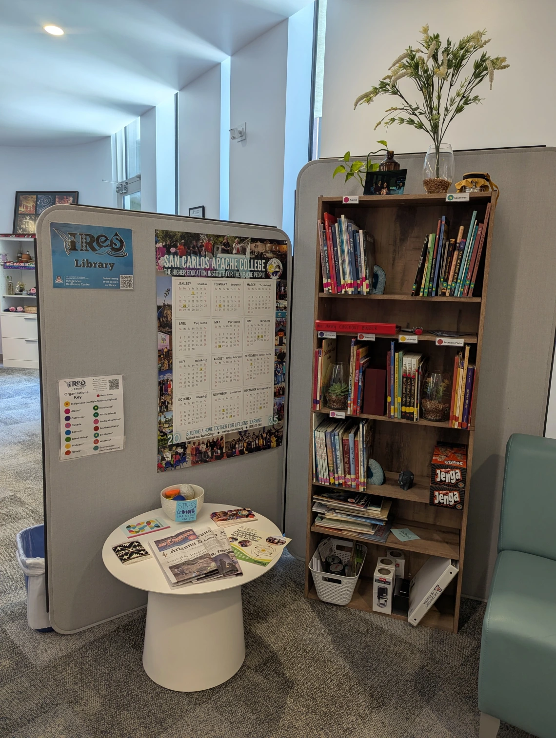 library signs and bookshelf with books